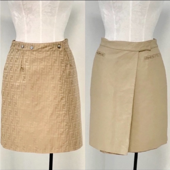 Fendi Dresses & Skirts - Fendi 6 Reversible Leather FF Logo Print Skirt Tan Vintage NWOT